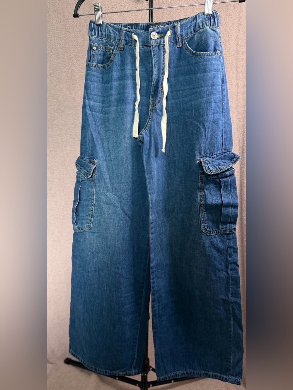 Curve Appeal Wide Leg Cargo Jeans 2/26 Drawstring Elastic Waist Denim